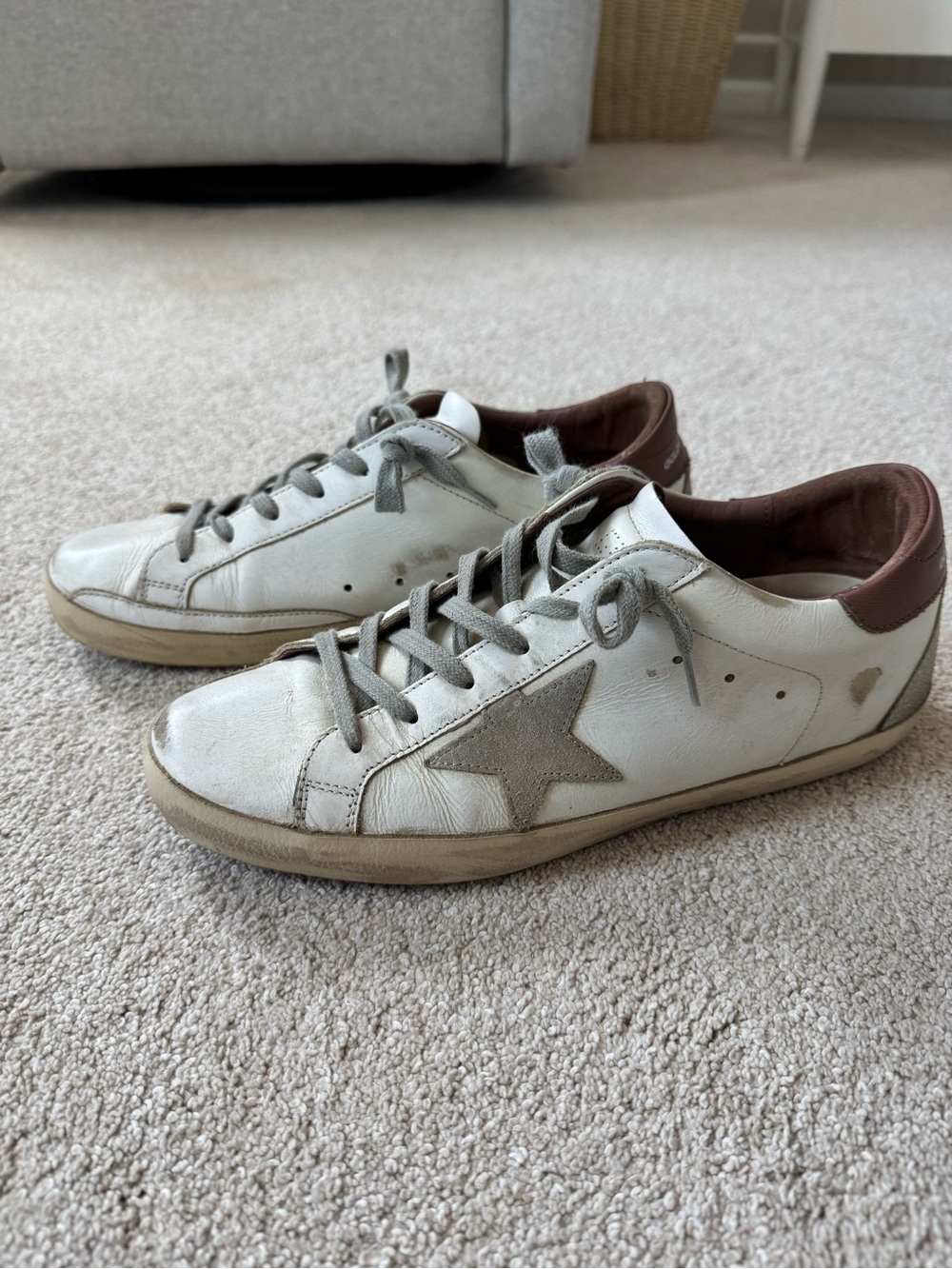 Golden Goose White Sneakers with Gray Star and Brown Heel